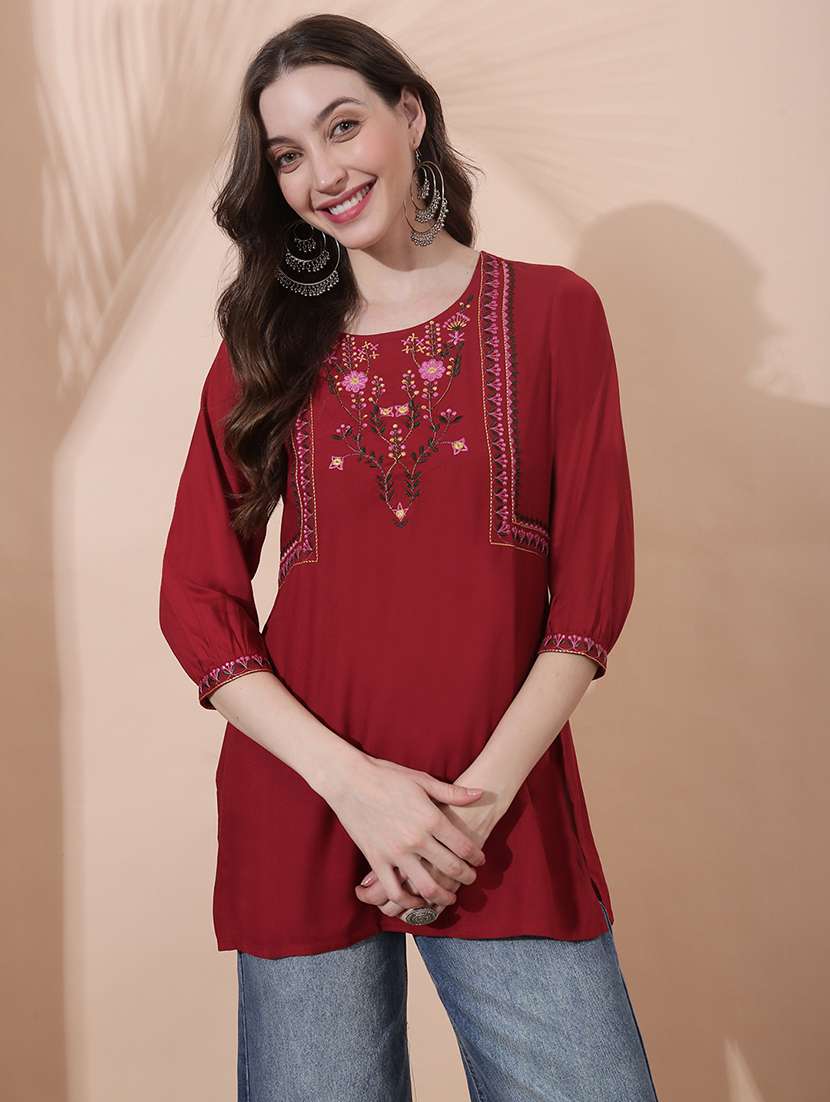 women solid with work three quarter sleeve straight kurti
