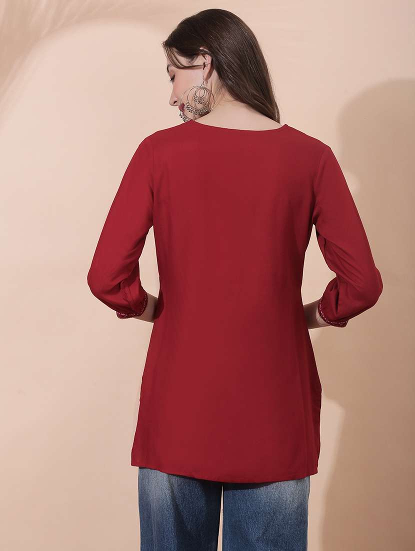 women solid with work three quarter sleeve straight kurti - 22378321 -  Standard Image - 3