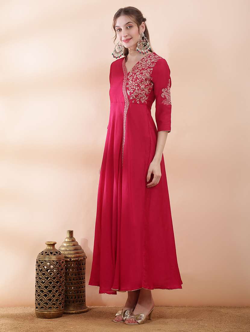 women solid with work three quarter sleeve ethnic dress - 22378322 -  Standard Image - 3