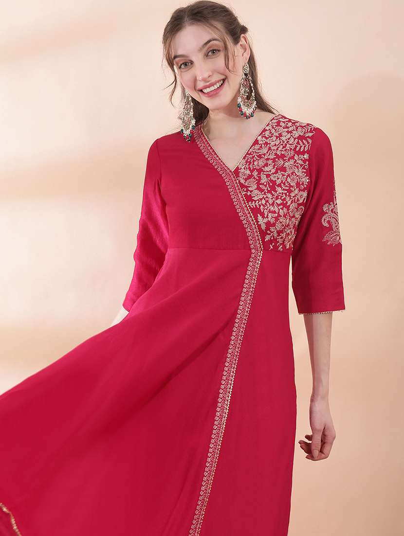women solid with work three quarter sleeve ethnic dress - 22378322 -  Standard Image - 5