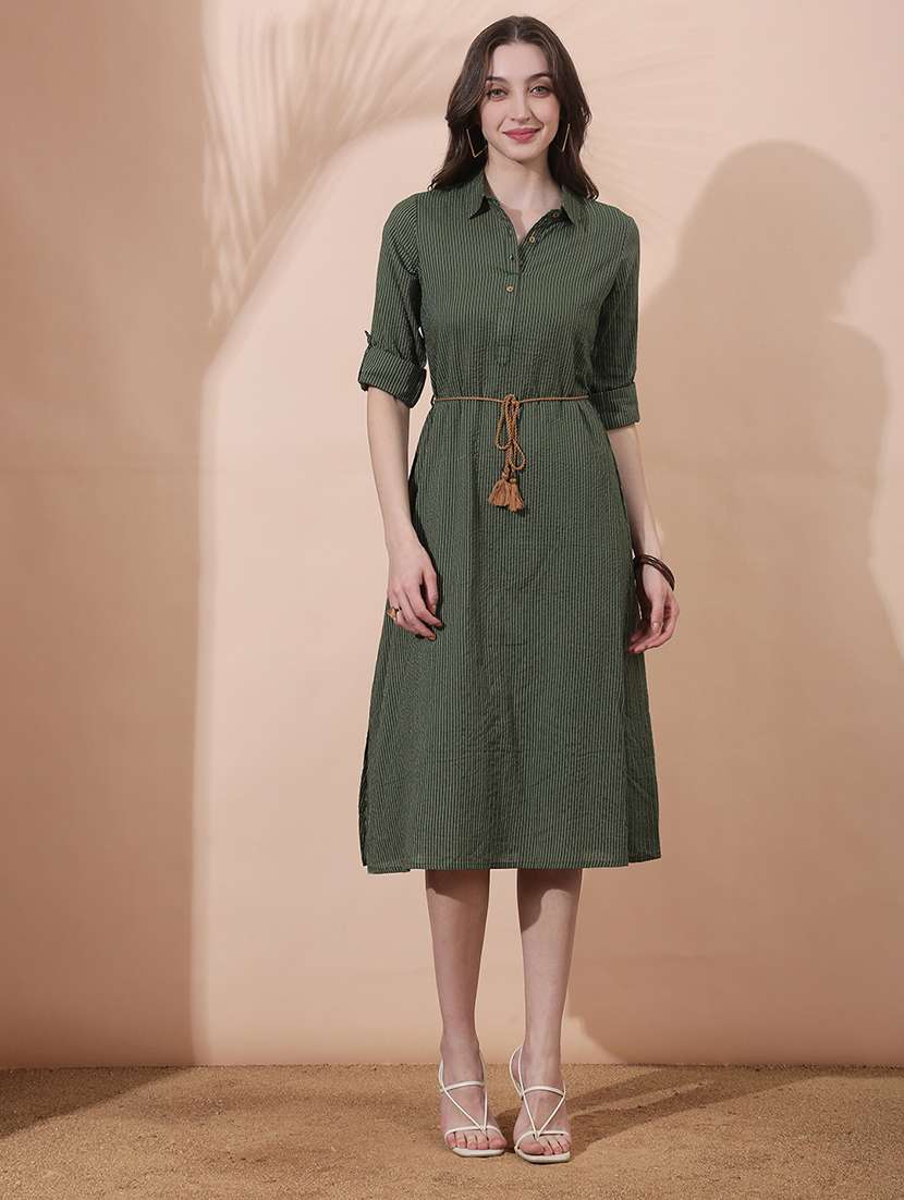 women striped roll up sleeve a-line ethnic dress