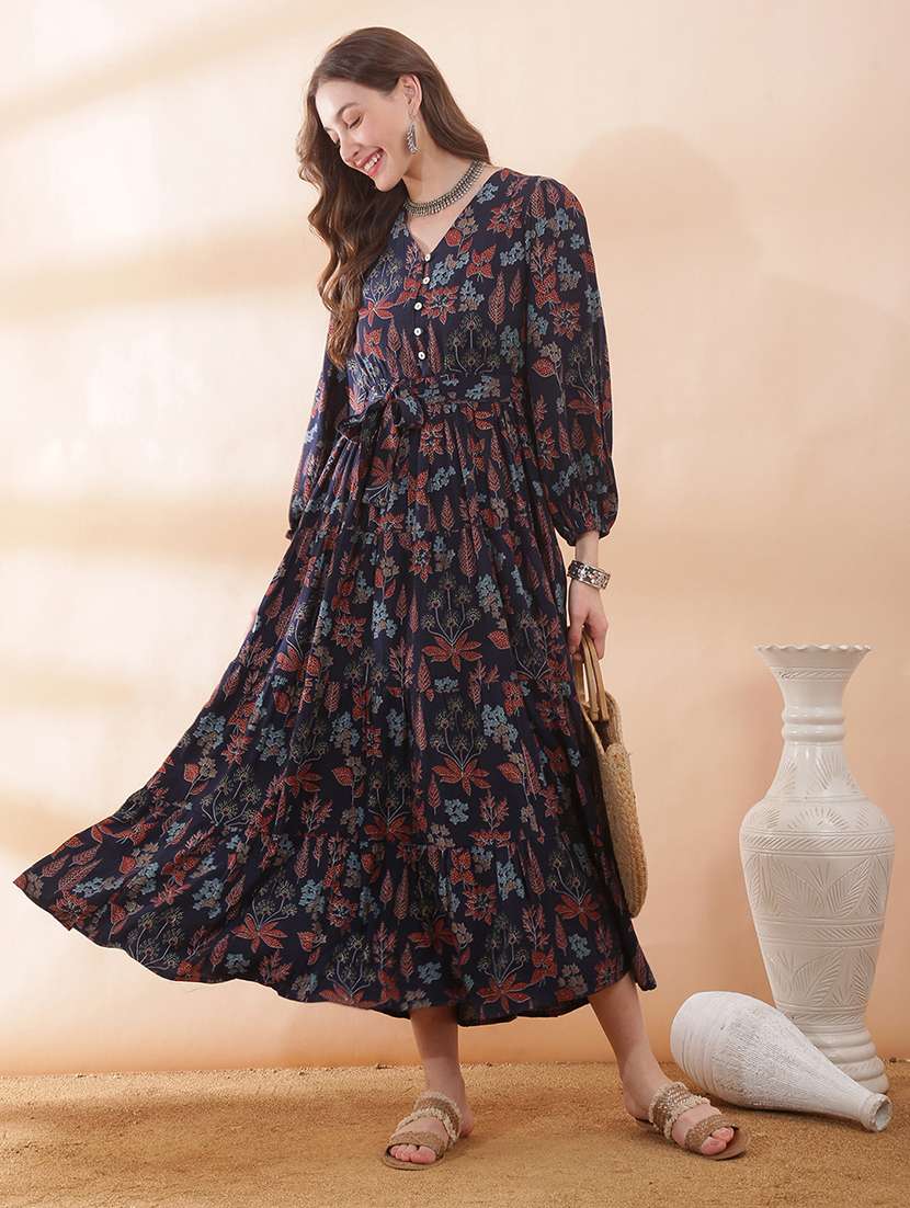 women floral puff sleeve tiered maxi dress