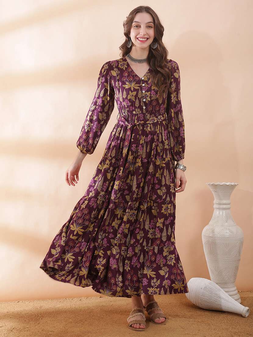 women floral puff sleeve tiered maxi dress