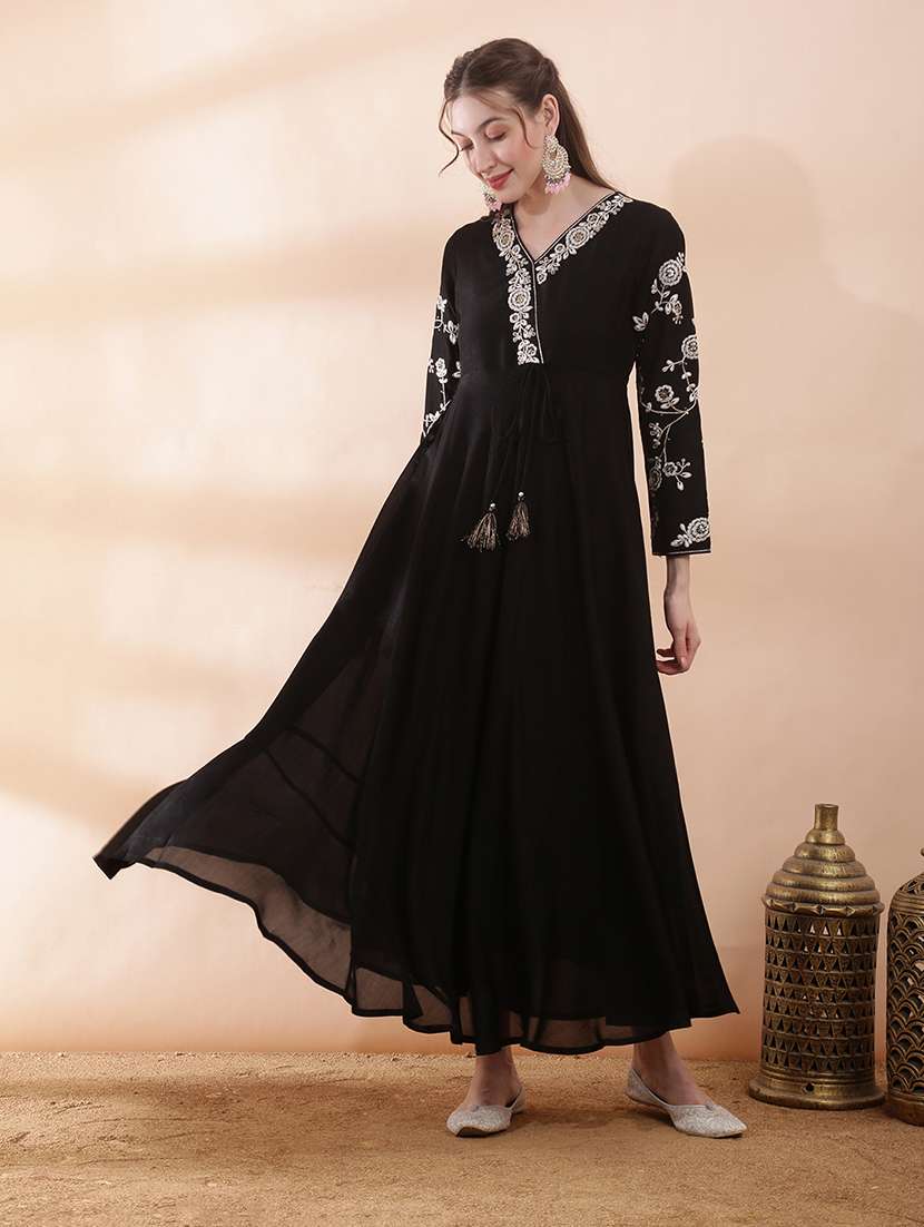 women solid with work long sleeve ethnic dress