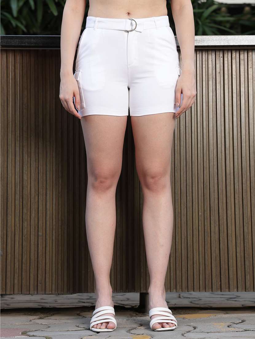 women solid high rise cargo shorts