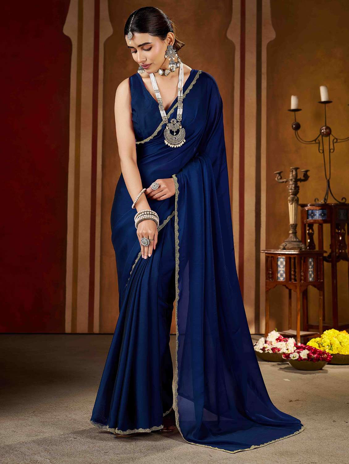 women solid with work embellished saree with blouse - 22378515 -  Standard Image - 3