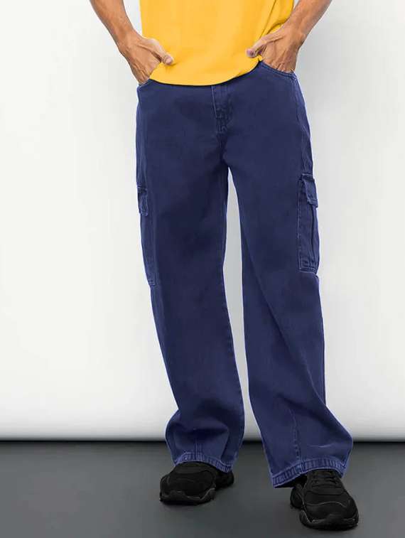 men solid mid rise baggy cargo