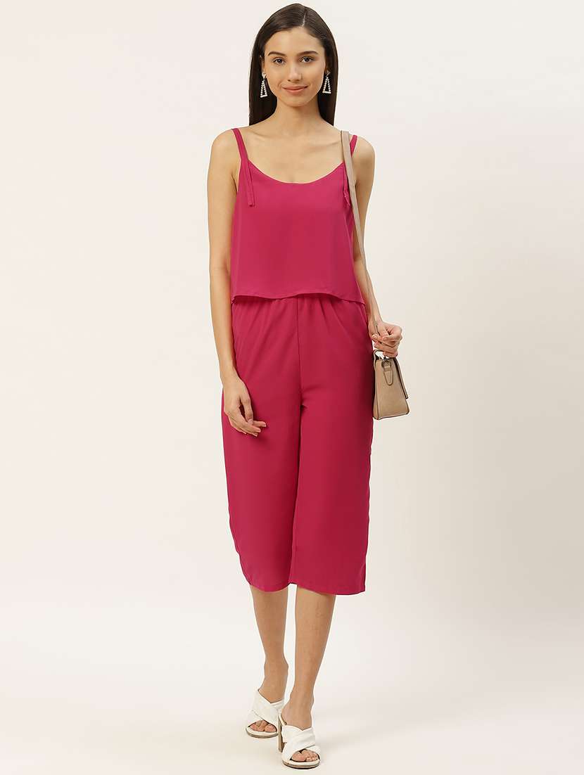 women solid shoulder strap calf length jumpsuit