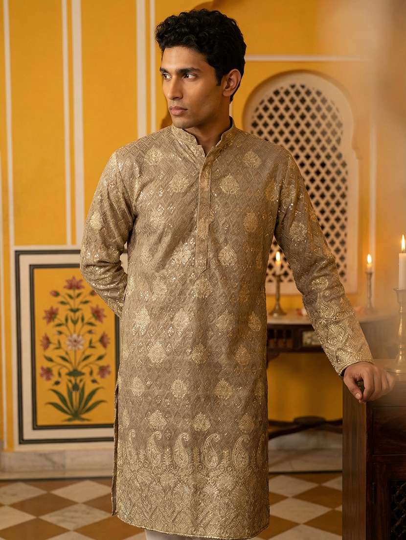 men solid with work mandarin neck kurta pyjama set