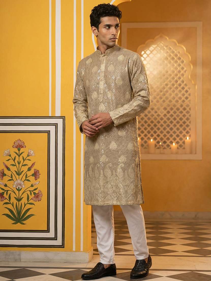 men solid with work mandarin neck kurta pyjama set - 22379207 -  Standard Image - 3