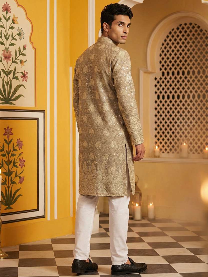 men solid with work mandarin neck kurta pyjama set - 22379207 -  Standard Image - 5