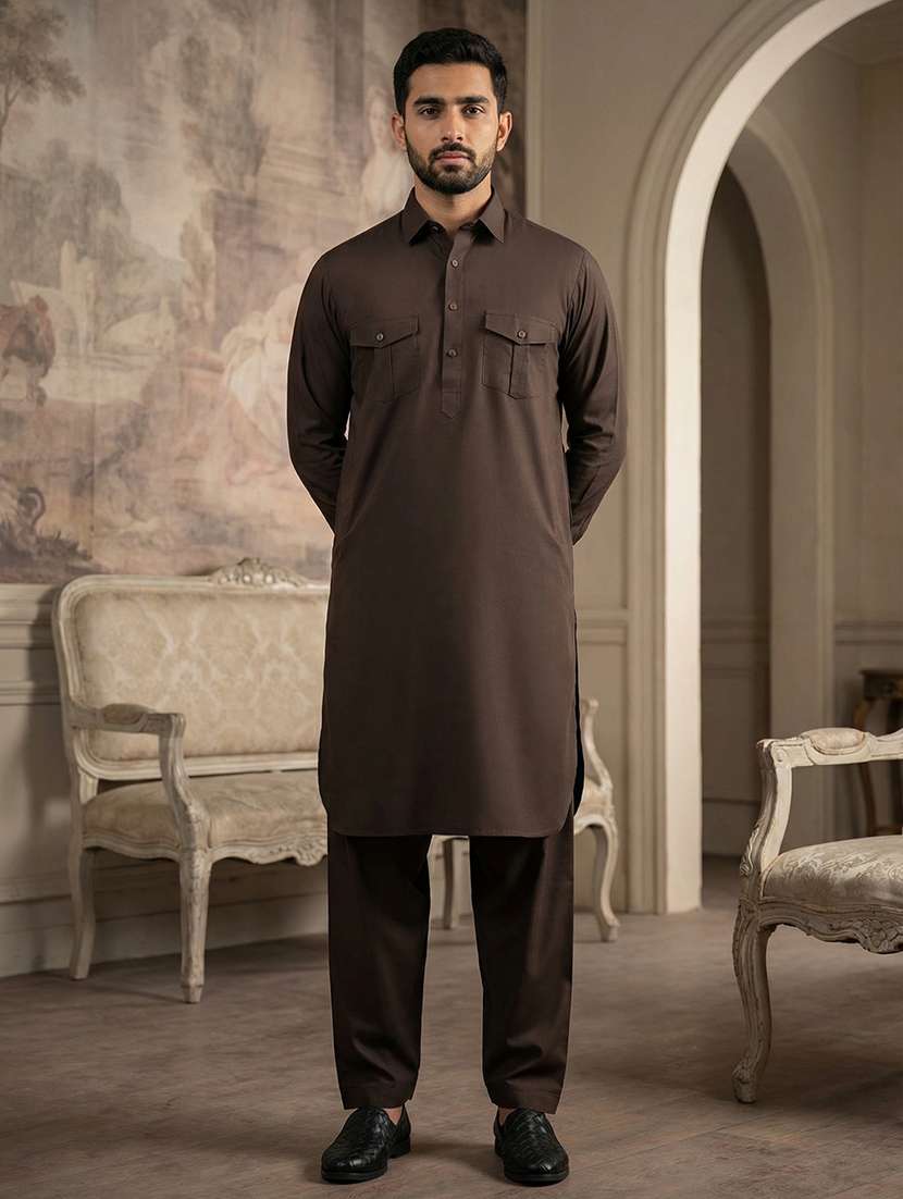 men solid long sleeve pathani ethnic wear set
