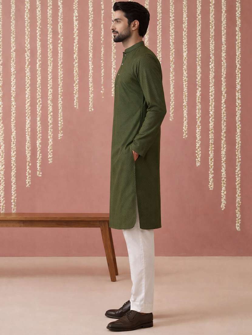 men solid with work mandarin neck kurta pyjama set - 22379215 -  Standard Image - 3