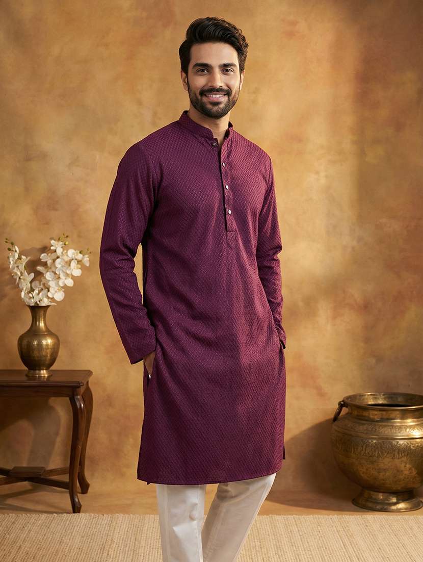 men solid with work mandarin neck kurta pyjama set