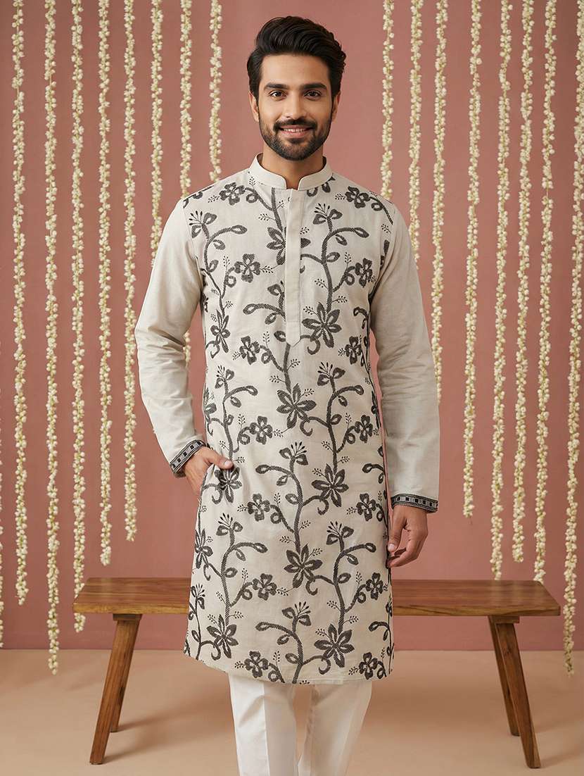 men solid with work mandarin neck kurta pyjama set