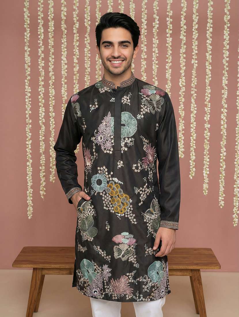 men solid with work mandarin neck kurta pyjama set
