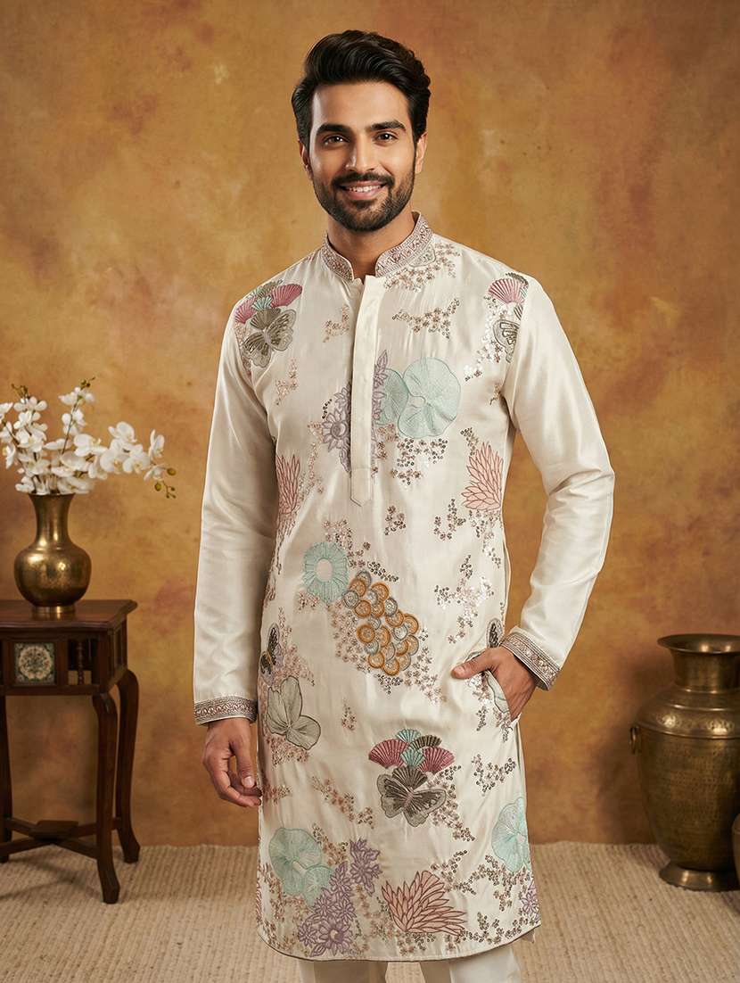 men solid with work mandarin neck kurta pyjama set