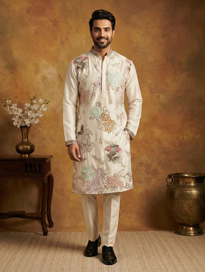 men solid with work mandarin neck kurta pyjama set - 22379220 -  Standard Image - 3