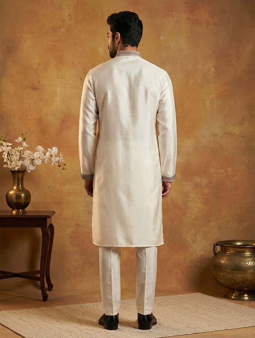 men solid with work mandarin neck kurta pyjama set - 22379220 -  Standard Image - 5
