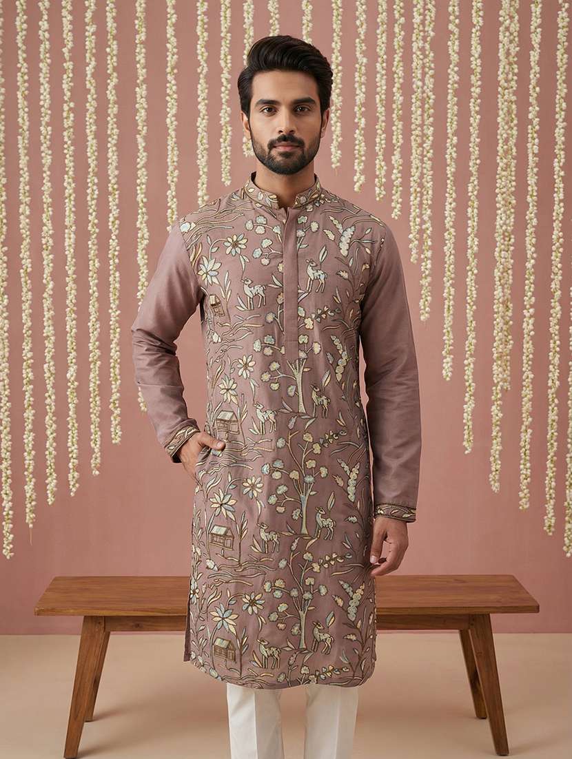 men solid with work mandarin neck kurta pyjama set