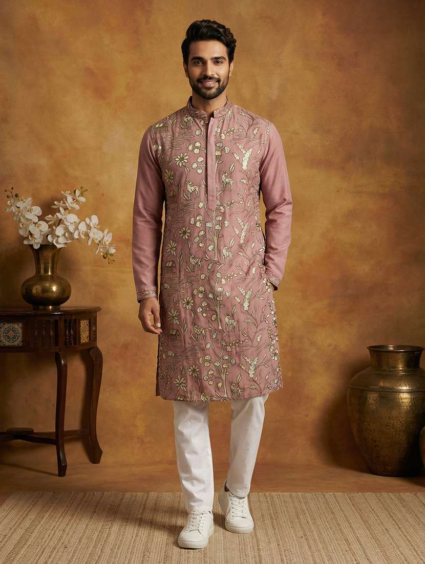 men solid with work mandarin neck kurta pyjama set