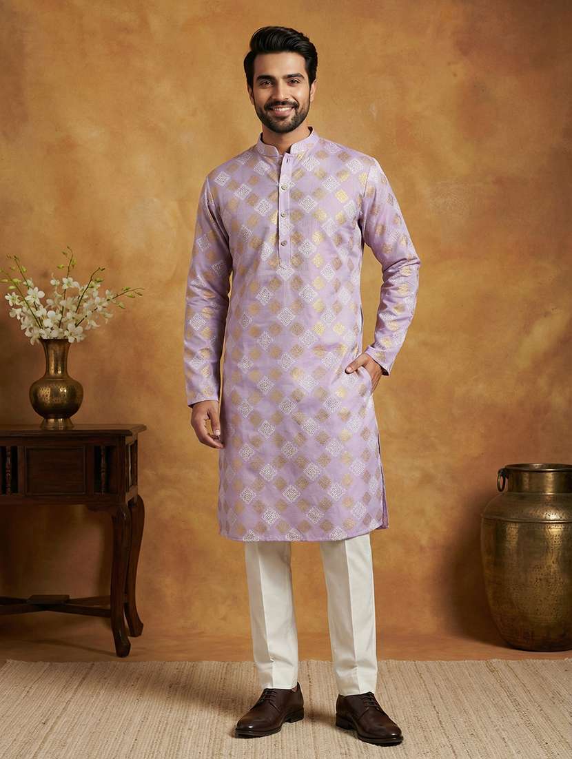 men printed mandarin neck kurta pyjama set