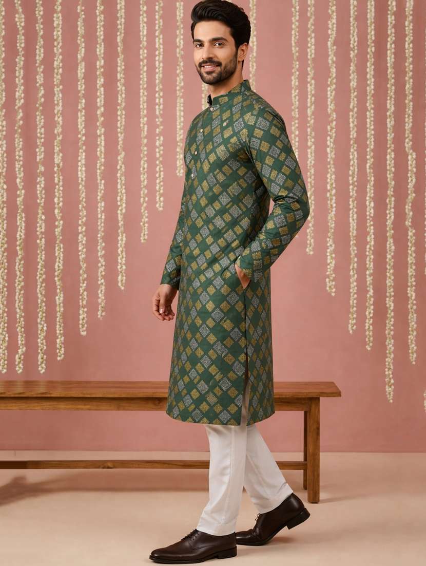 men printed mandarin neck kurta pyjama set - 22379225 -  Standard Image - 3