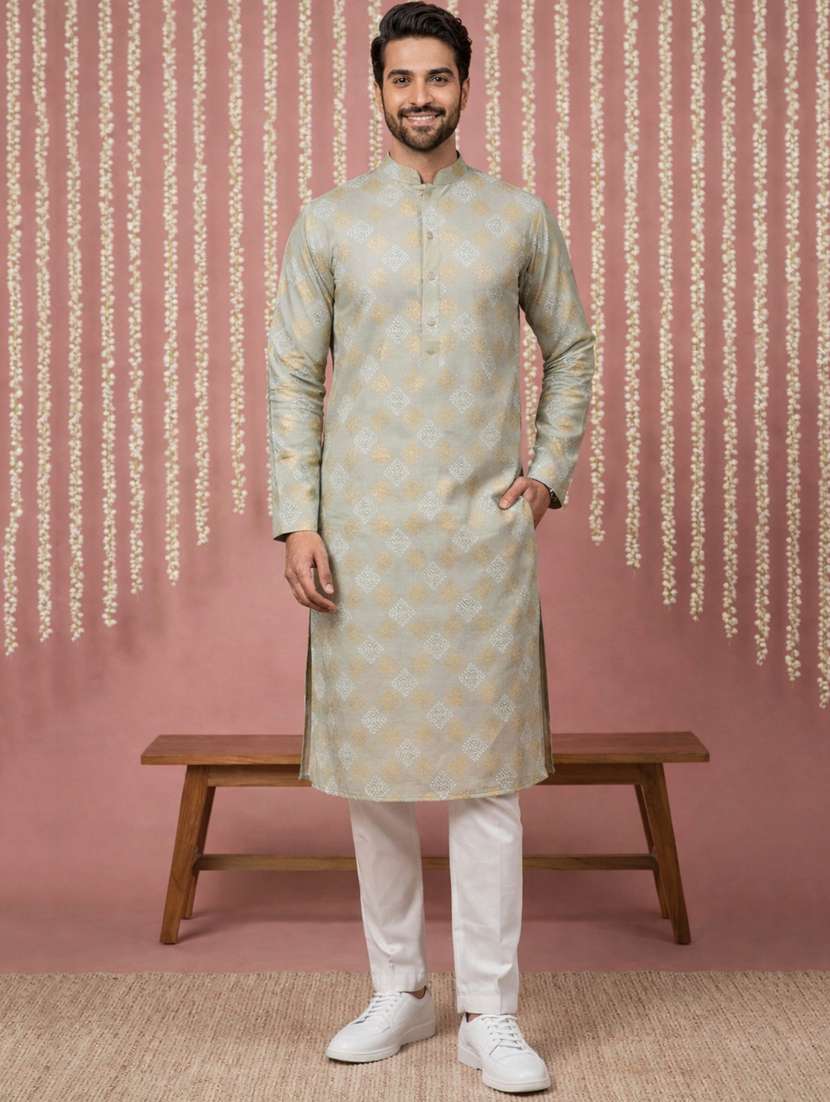 men printed mandarin neck kurta pyjama set
