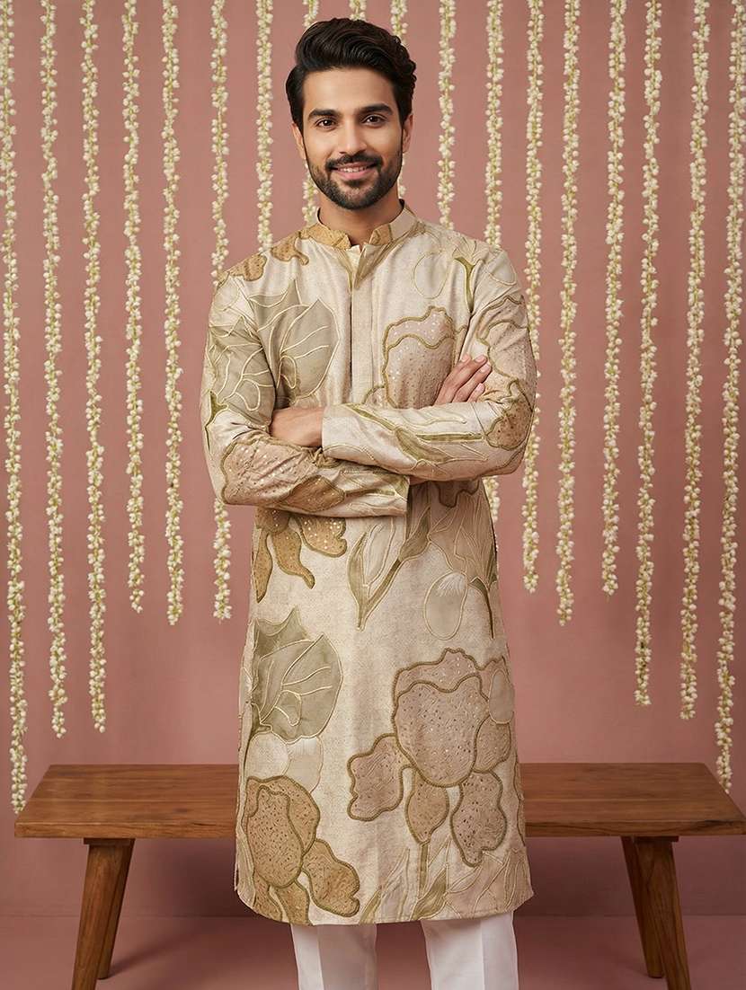 men solid with work mandarin neck kurta pyjama set