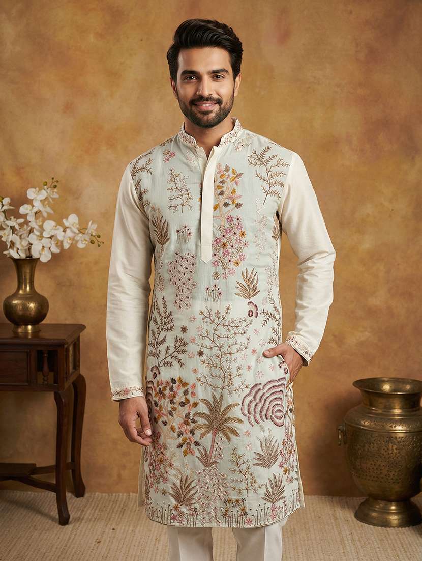 men solid with work mandarin neck kurta pyjama set