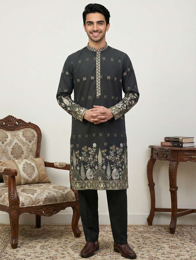 men solid with work mandarin neck kurta pyjama set - 22379237 -  Standard Image - 3