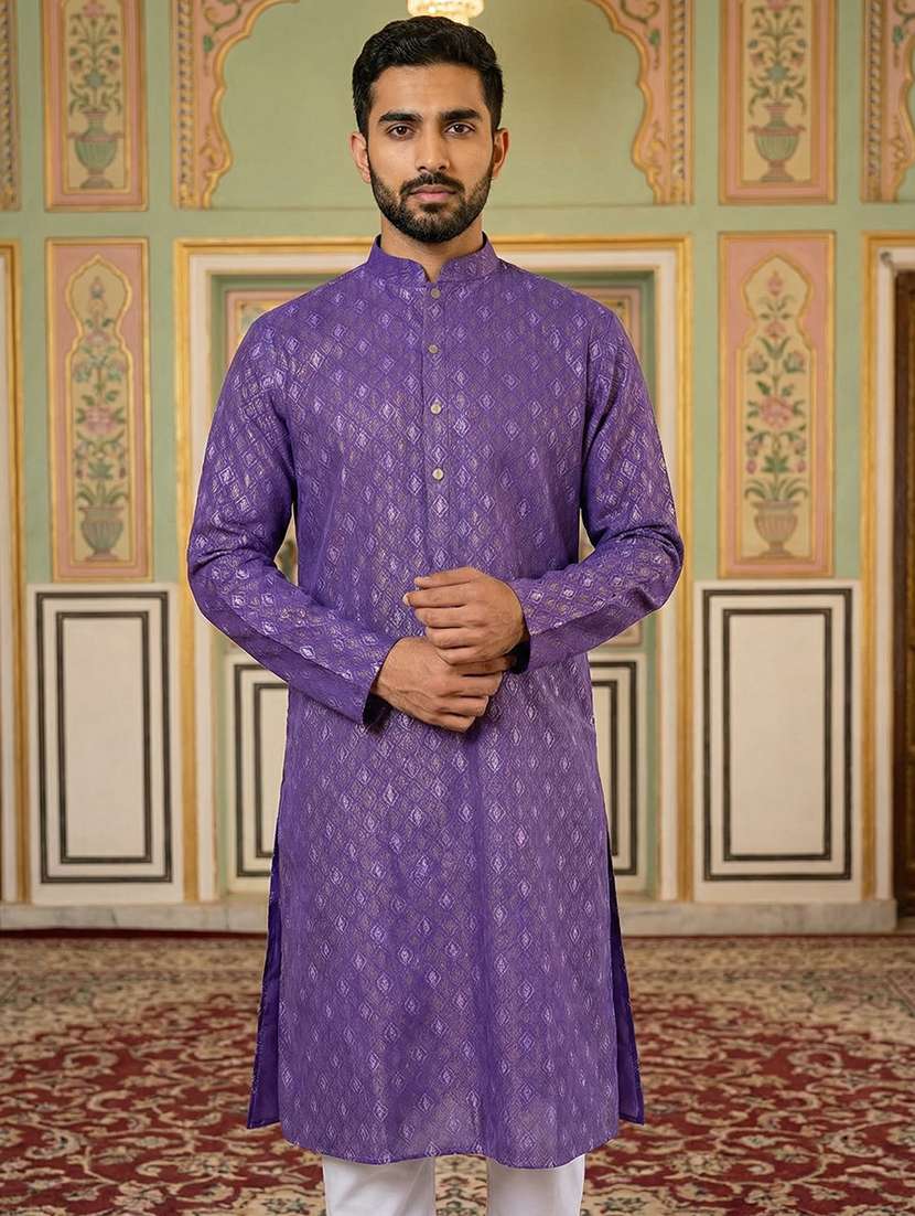 men printed mandarin neck kurta pyjama set
