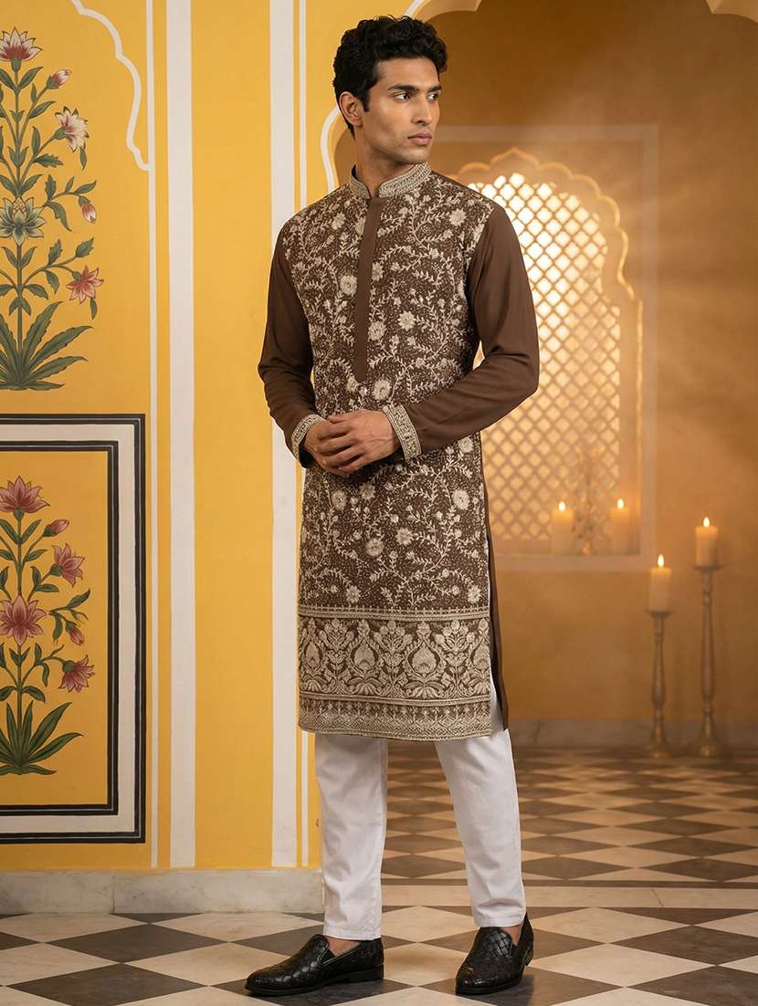 men solid with work mandarin neck kurta pyjama set