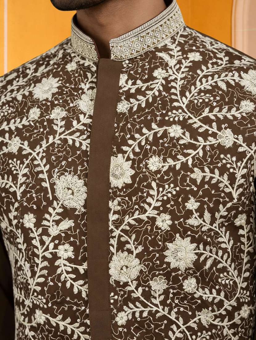 men solid with work mandarin neck kurta pyjama set - 22379242 -  Standard Image - 5