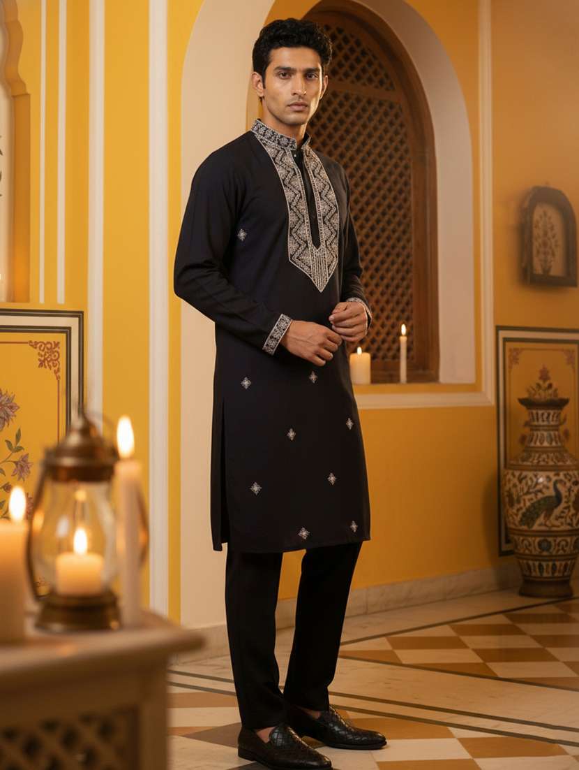 men solid with work mandarin neck kurta pyjama set - 22379244 -  Standard Image - 3