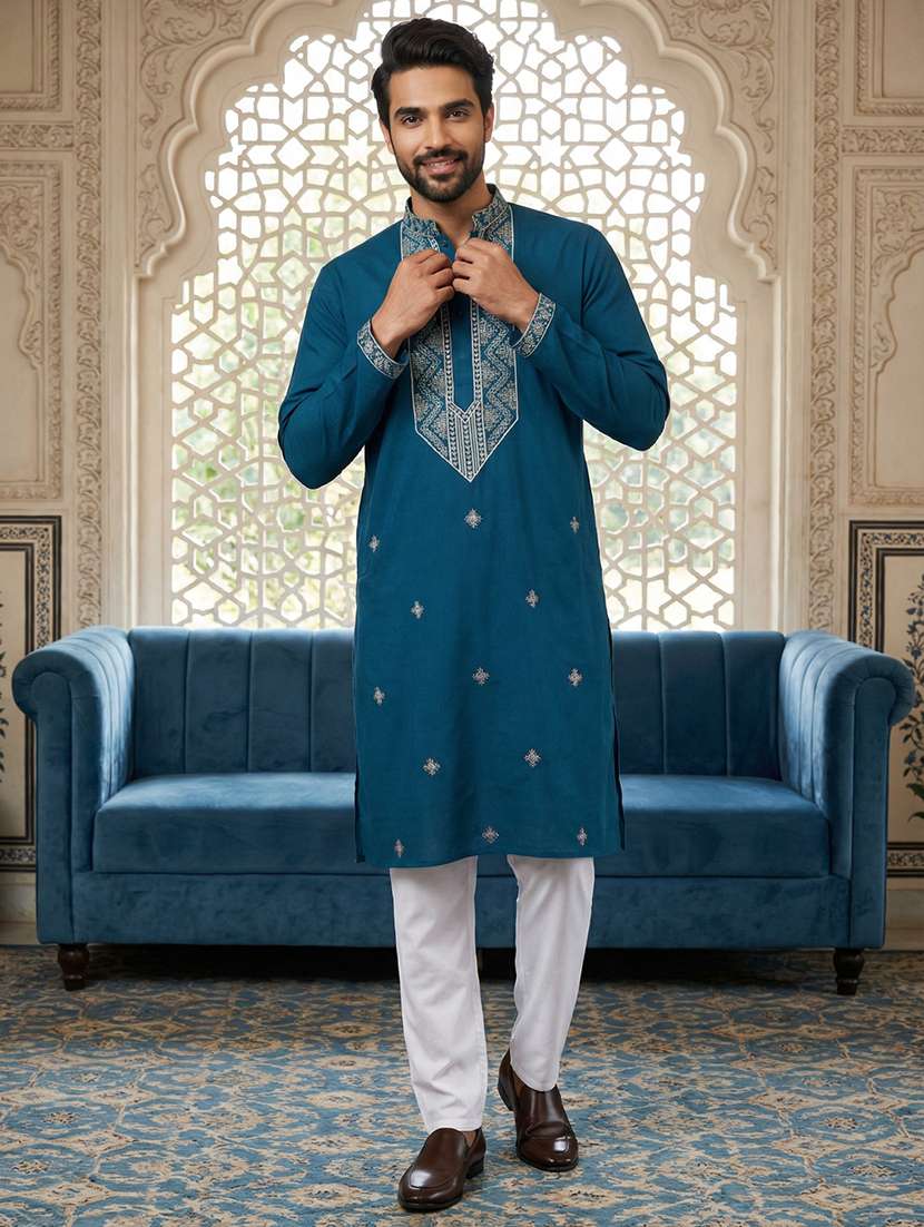 men solid with work mandarin neck kurta pyjama set - 22379245 -  Standard Image - 3