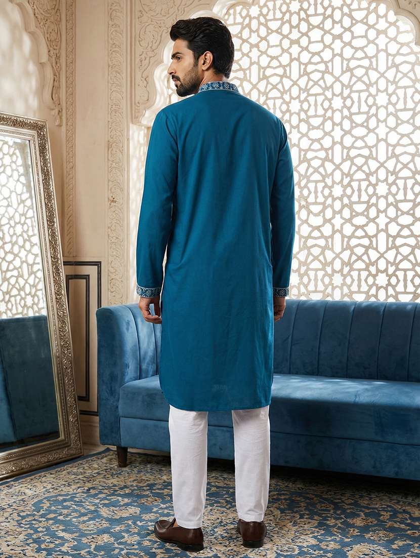 men solid with work mandarin neck kurta pyjama set - 22379245 -  Standard Image - 5