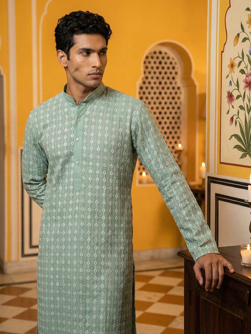men solid with work mandarin neck kurta pyjama set