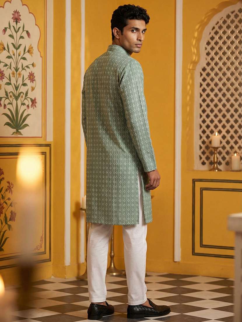 men solid with work mandarin neck kurta pyjama set - 22379246 -  Standard Image - 5