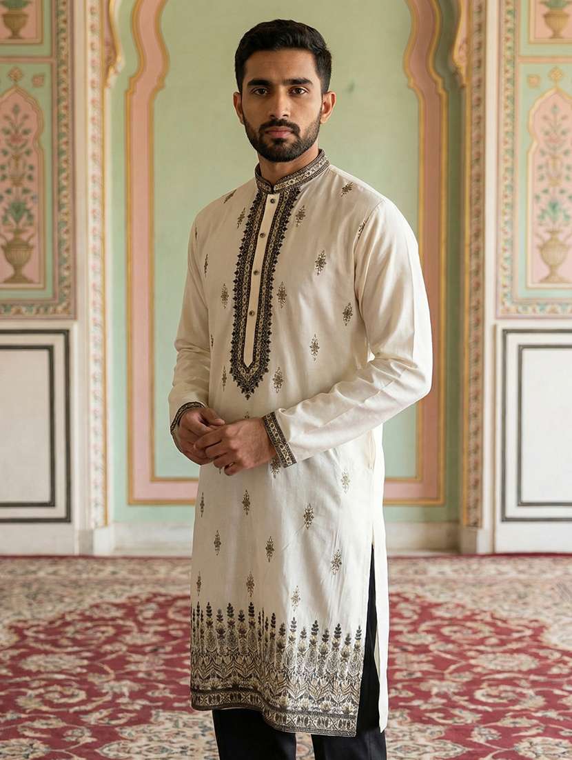 men solid with work mandarin neck kurta pyjama set
