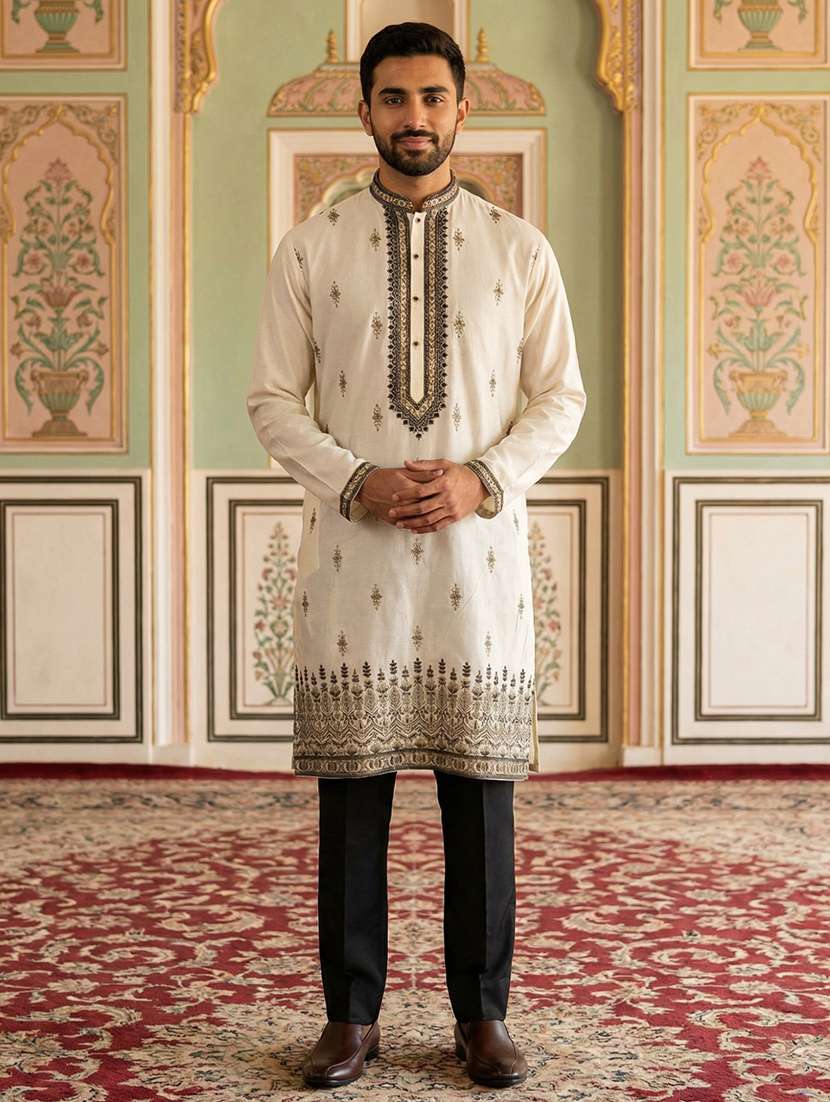 men solid with work mandarin neck kurta pyjama set - 22379251 -  Standard Image - 3
