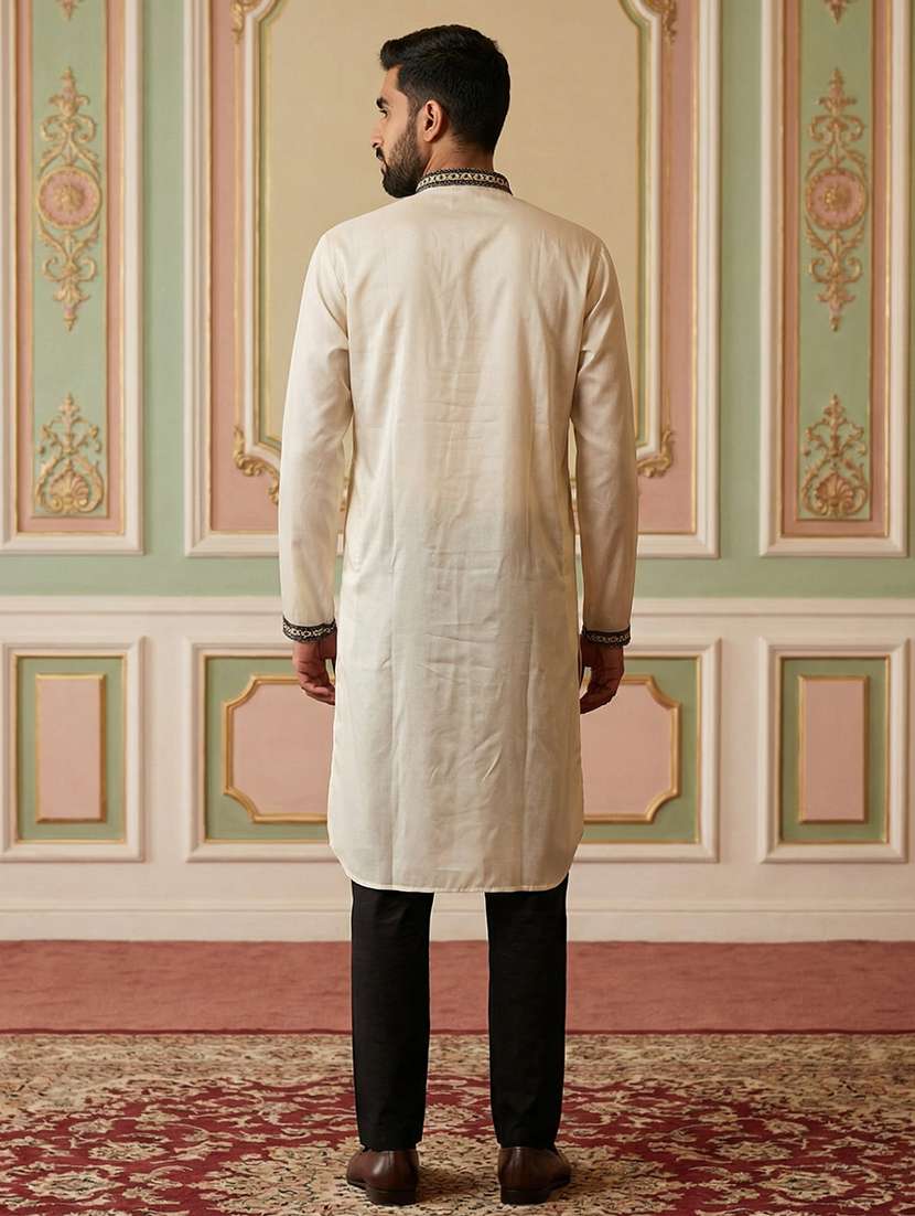 men solid with work mandarin neck kurta pyjama set - 22379251 -  Standard Image - 5