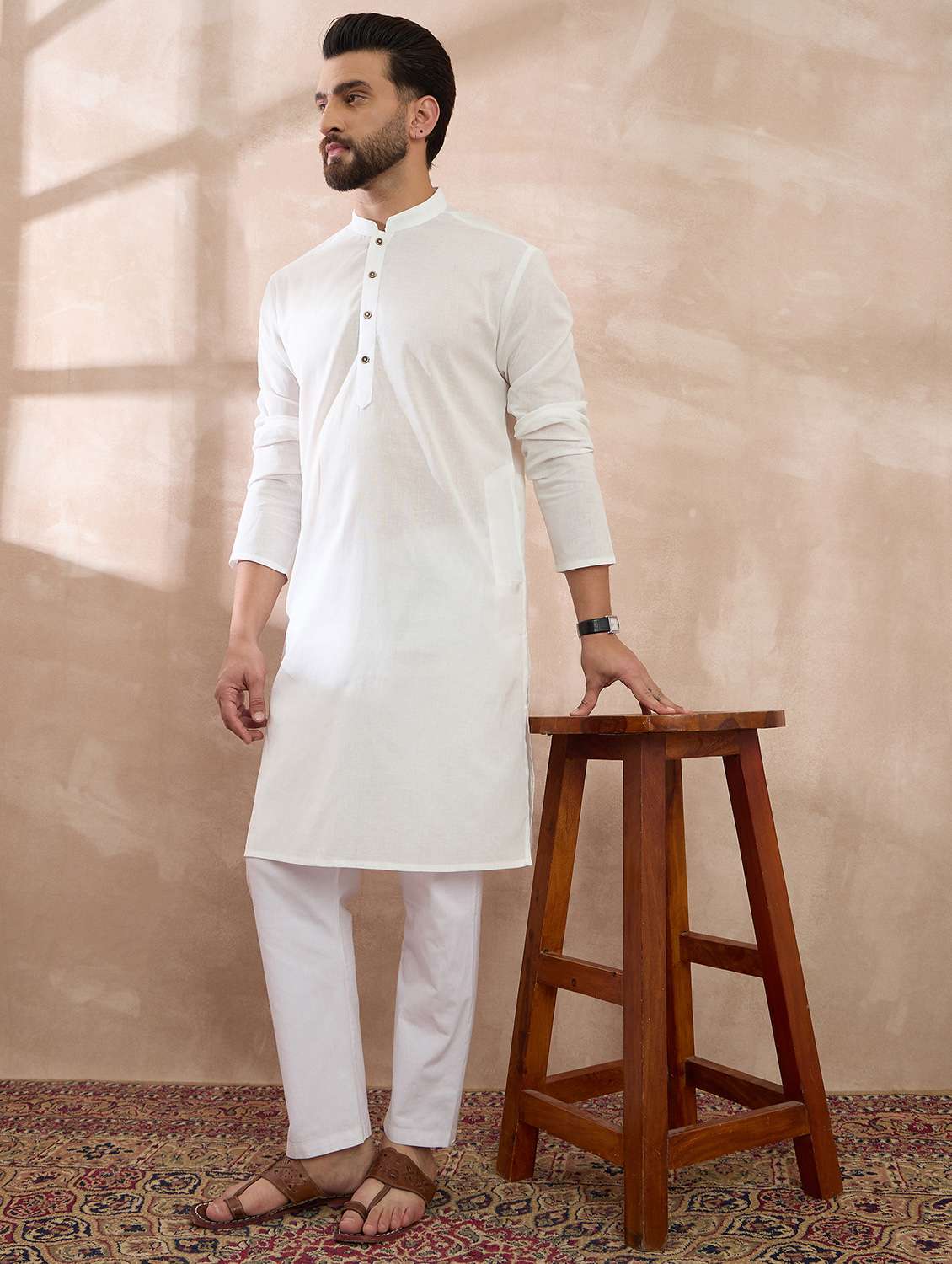 men solid long sleeve kurta