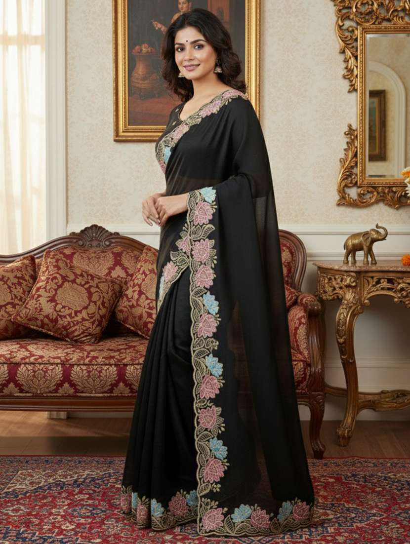 women solid with bordered saree with blouse - 22379257 -  Standard Image - 3