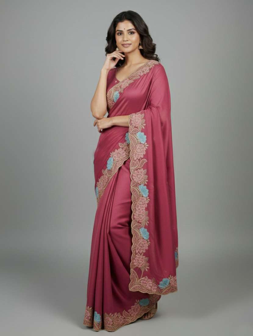 women solid with bordered saree with blouse - 22379263 -  Standard Image - 3