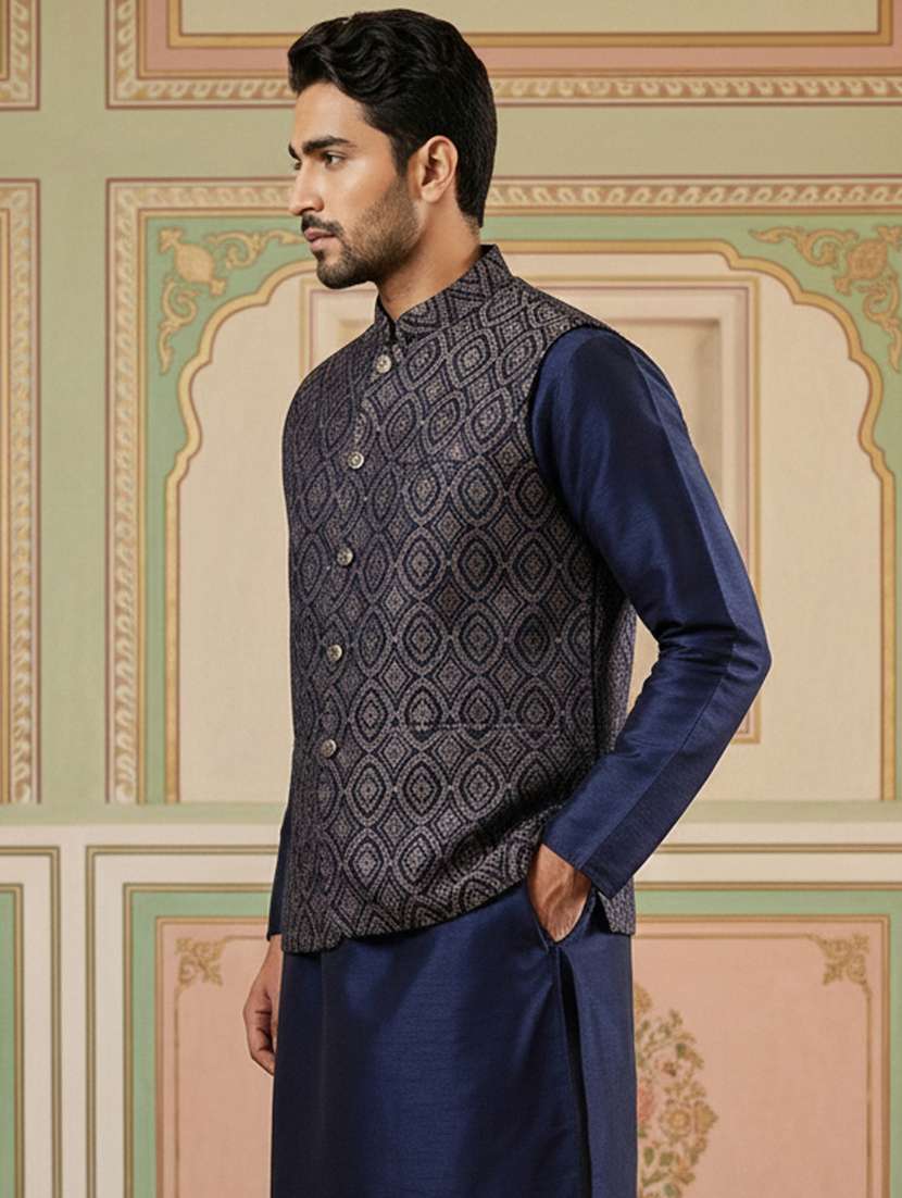 men self design mandarin neck nehru jacket - 22379297 -  Standard Image - 3