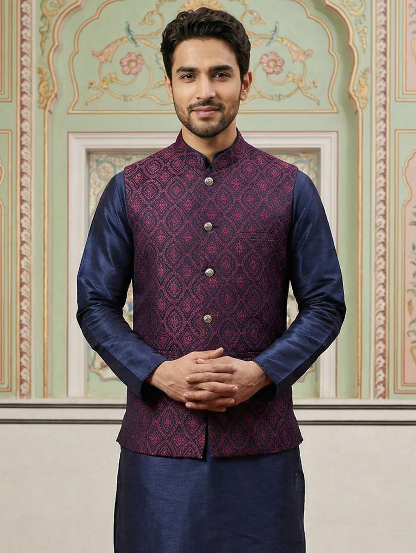 men self design mandarin neck nehru jacket