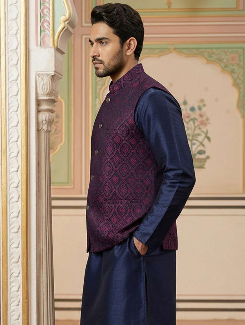men self design mandarin neck nehru jacket - 22379298 -  Standard Image - 3
