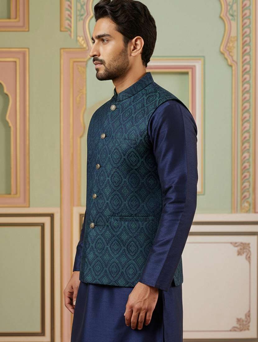 men self design mandarin neck nehru jacket - 22379299 -  Standard Image - 3