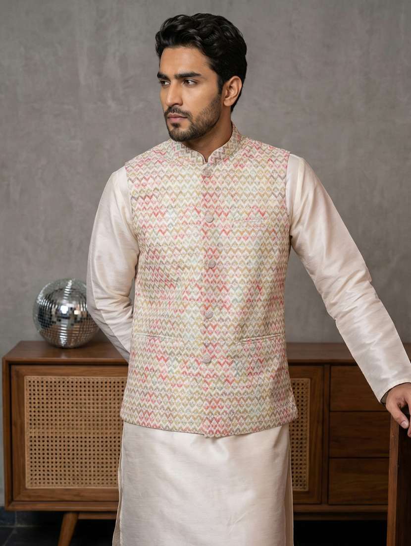 men printed mandarin neck nehru jacket